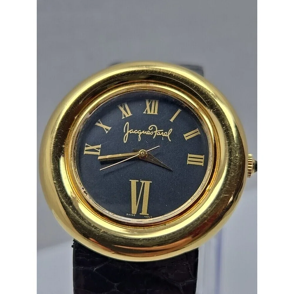 Vintage Jacques Farel Gold Tone Black Roman Dial Womens Quartz Watch New Battery